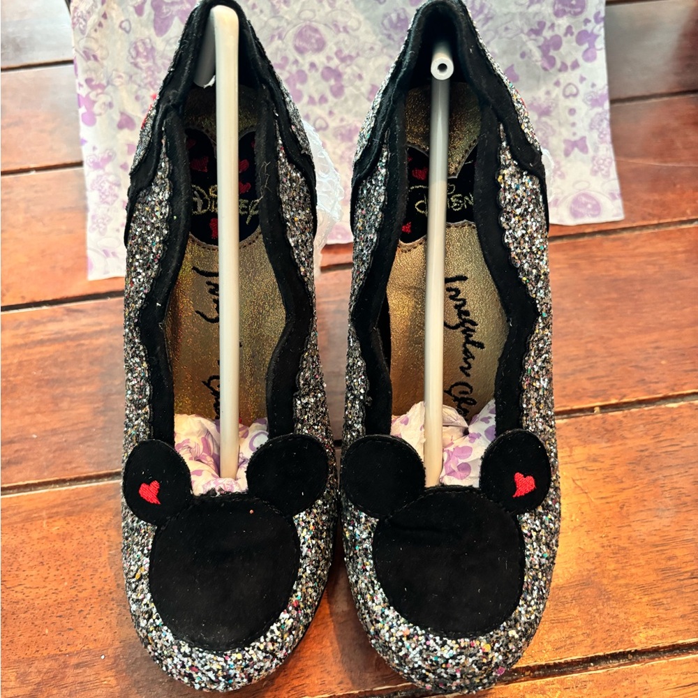 Rare Irregular Choice Black and Silver Mickey/Minnie Mouse Glitter Heels size 37